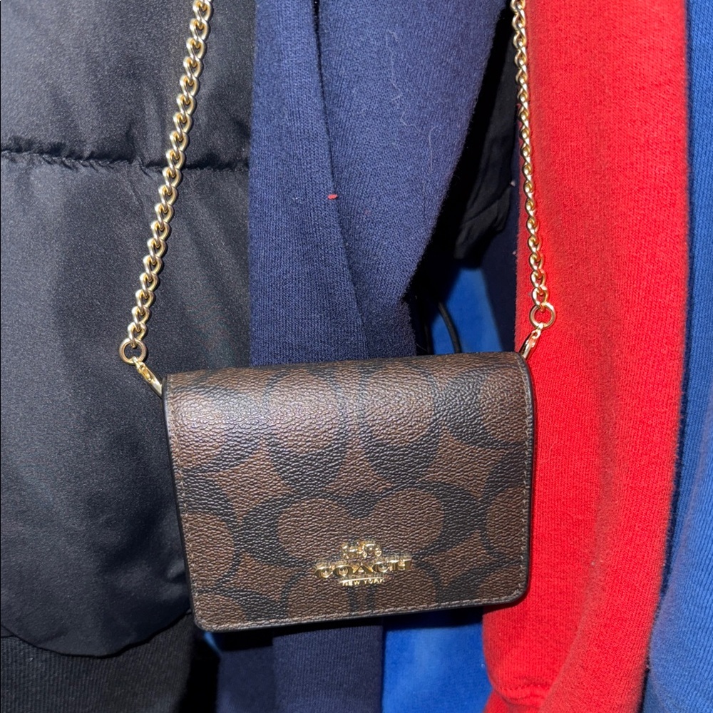 Coach Signature Brown Crossbody wallet cardholder bag with Gold Chain